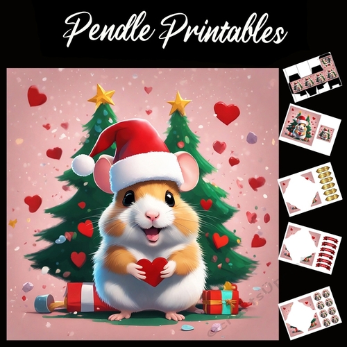Cheeky Chappie Christmas Hamster 7x7 Card Kit. Matching Box, Gift Bauble,Tag