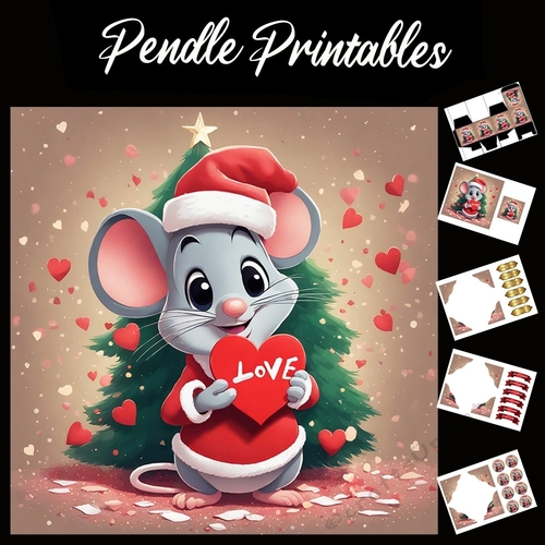 Love At Christmas Mouse 7x7 Card Kit. Matching Box, Gift Bauble,Tag