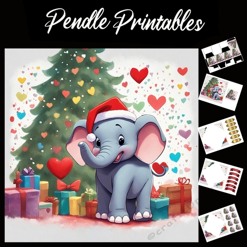 Spreading Love At Christmas Elephant 7x7 Card Kit. Matching Box, Gift Bauble,Tag