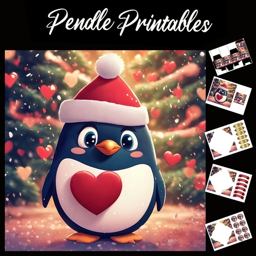 My Heart Belongs To You. Penguin Christmas Card 7x7 Card Kit. Matching Box, Gift Bauble,Tag