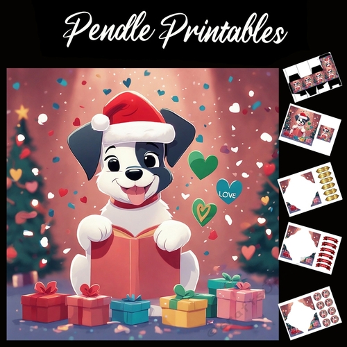 Cute Grey And White Christmas Puppy 7x7 Card Kit. Matching Box, Gift Bauble,Tag
