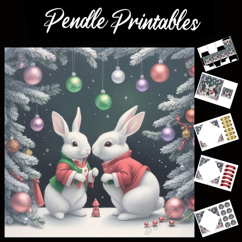 Two Happy Christmas Rabbits 7x7 Card Kit. Matching Box, Gift Bauble,Tag