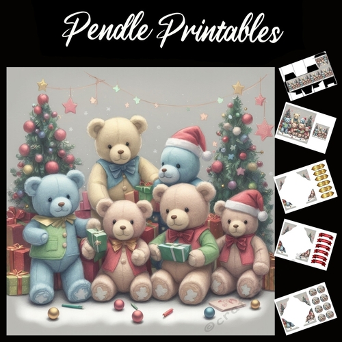 Teddies Christmas Gathering 7x7 Card Kit. Matching Box, Gift Bauble,Tag