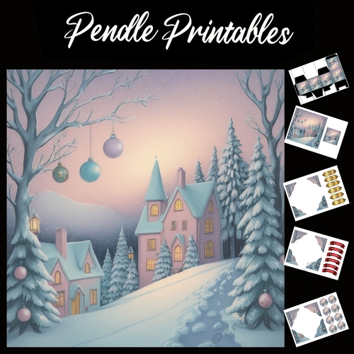 Big Pink Christmas House 7x7 Card Kit. Matching Box, Gift Bauble,Tag