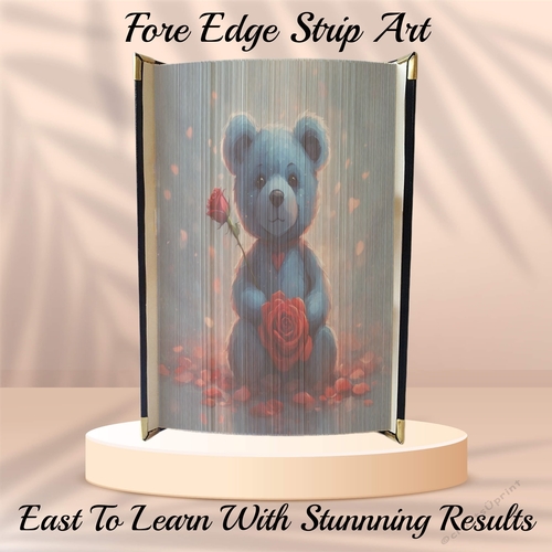 Blue Bear With Red Rose Book Edge Strip Art Pattern 