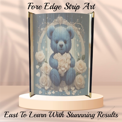 White Rose Blue Bear Book Edge Strip Art Pattern 