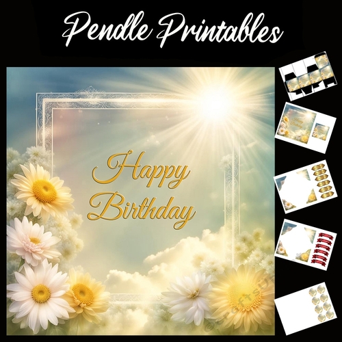 Happy Birthday Floral Border 7x7 Card Kit. Matching Box, Gift Bauble,Tag