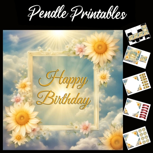 Happy Birthday Floral Border 02 7x7 Card Kit. Matching Box, Gift Bauble,Tag