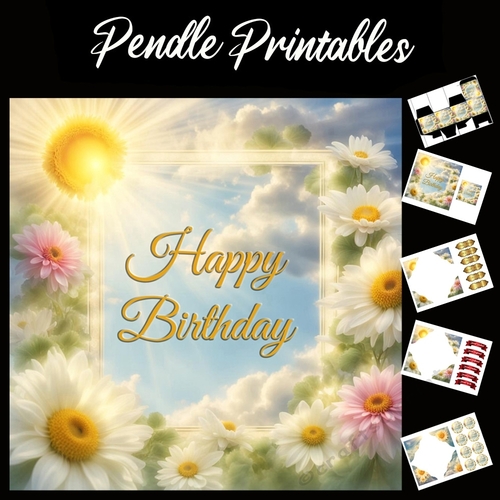 Happy Birthday Floral Border 03 7x7 Card Kit. Matching Box, Gift Bauble,Tag