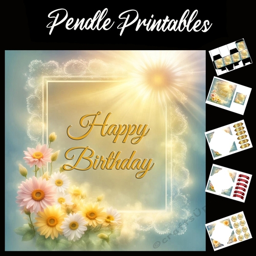 Happy Birthday Floral Border 04 7x7 Card Kit. Matching Box, Gift Bauble,Tag