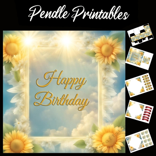 Happy Birthday Floral Border 05 7x7 Card Kit. Matching Box, Gift Bauble,Tag