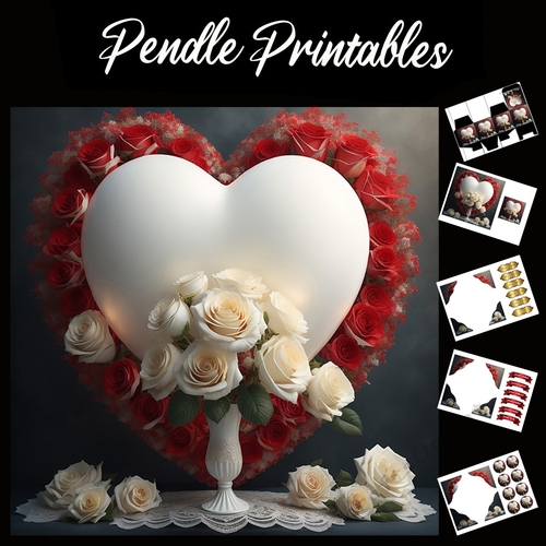 Vase Of White Roses Against Heart Background 7x7 Card Kit. Matching Box, Gift Bauble,Tag