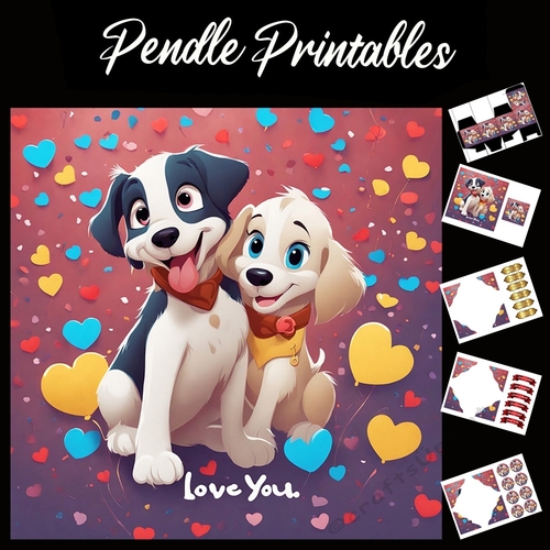 Two Cute Valentines Dogs Card Says Love You 7x7 Card Kit. Matching Box, Gift Bauble,Tag