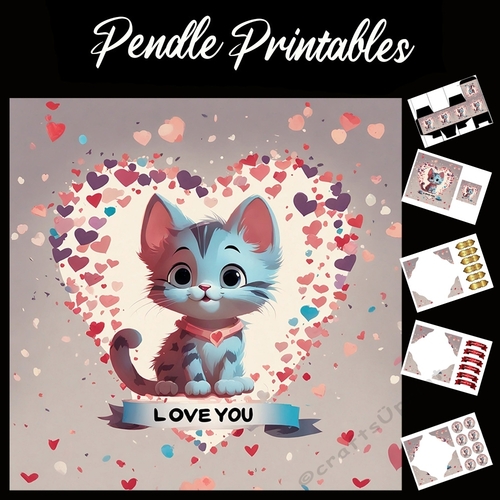 Cute Kitten In Confetti Heart Card Says Love You 7x7 Card Kit. Matching Box, Gift Bauble,Tag