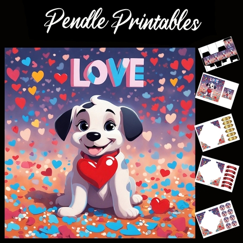 Puppy Love. Valentines Card Says Love 7x7 Card Kit. Matching Box, Gift Bauble,Tag