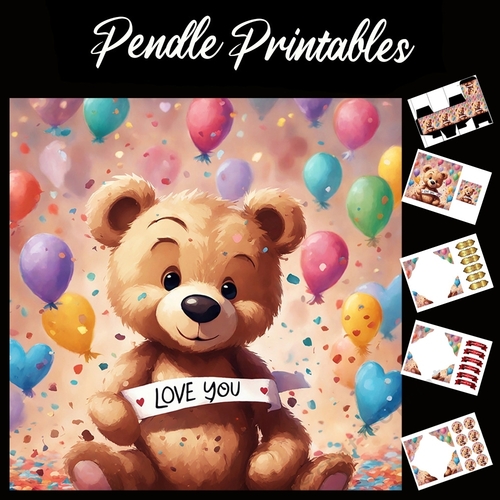 Cute Valentines Bear Holding Love You Banner 7x7 Card Kit. Matching Box, Gift Bauble,Tag