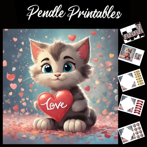 Cute Valentines Kitten With Heart Saying Love 7x7 Card Kit. Matching Box, Gift Bauble,Tag
