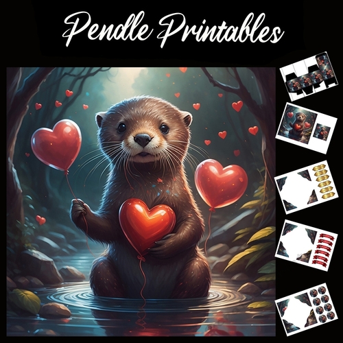 Cute Valentines Otter 7x7 Card Kit. Matching Box, Gift Bauble,Tag