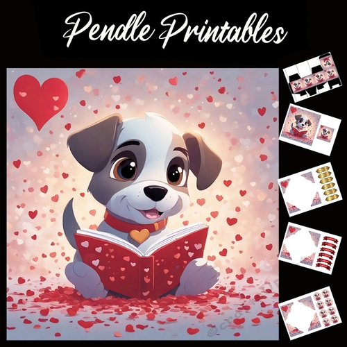 A Valentines Love Story Cute Puppy 7x7 Card Kit. Matching Box, Gift Bauble,Tag