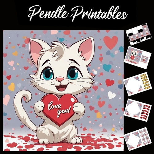 Cute Kitten Holding Heart Saying Love You 7x7 Card Kit. Matching Box, Gift Bauble,Tag