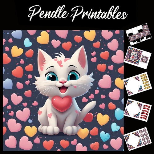 Cute Love Heart Valentine Kitten 7x7 Card Kit. Matching Box, Gift Bauble,Tag