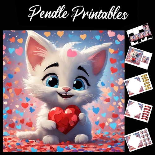 Cute Valentine Kitten With Heart 7x7 Card Kit. Matching Box, Gift Bauble,Tag