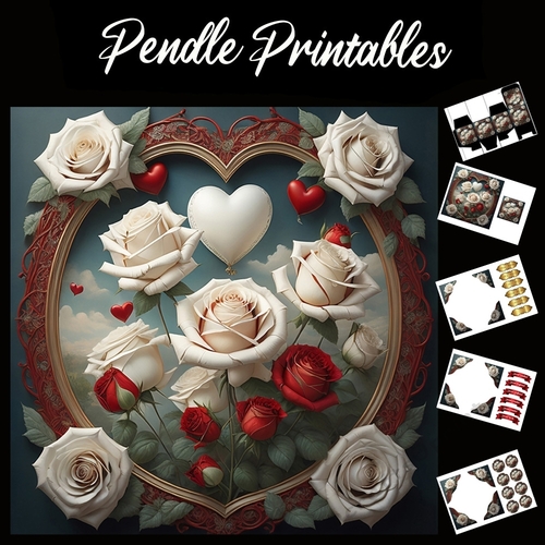 Beautiful Heart Frame Set With Red & White Roses 7x7 Card Kit. Matching Box, Gift Bauble,Tag