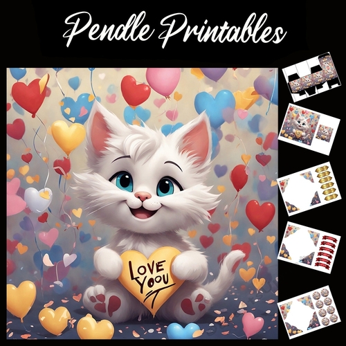 Love You In A Heart Cute Kitten 7x7 Card Kit. Matching Box, Gift Bauble,Tag