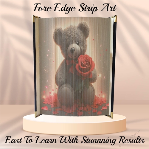 Cute Grey Valentines Teddy With Red Rose Fore Edge Strip Art Pattern 
