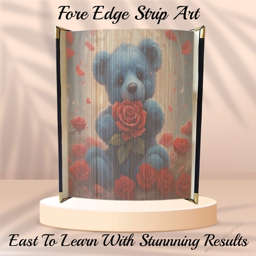 Cute Blue Valentines Teddy With Red Rose Fore Edge Strip Art Pattern 