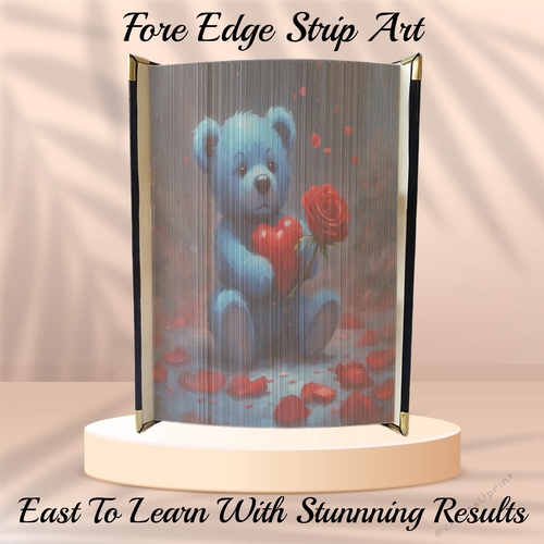 Cute Blue Valentines Teddy With Red Rose & Heart Fore Edge Strip Art Pattern 