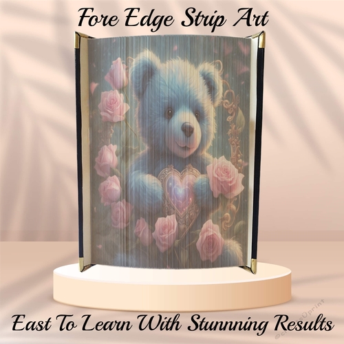 Cute Blue Valentines Teddy With Pink Roses & Heart Fore Edge Strip Art Pattern 