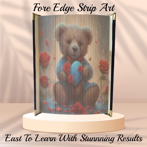 Cute Valentines Teddy With Red Roses & Heart Fore Edge Strip Art Pattern 