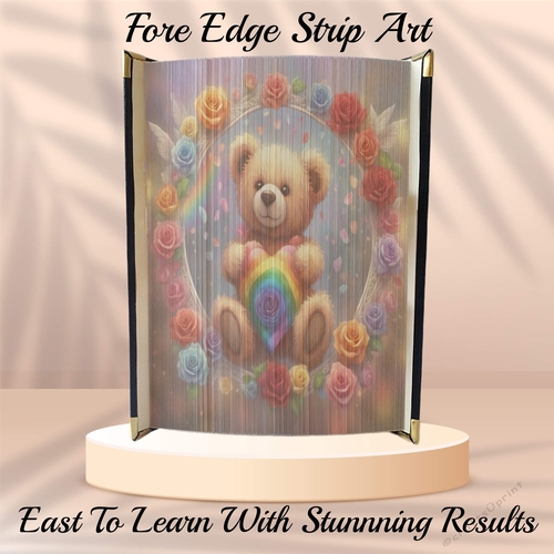 Cute Valentines Teddy With Rainbow Heart And Roses Fore Edge Strip Art Pattern 