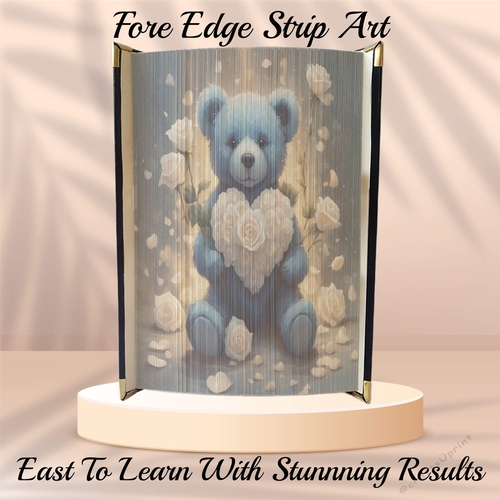 Cute Valentines Blue Teddy With Heart Of White Roses Fore Edge Strip Art Pattern 