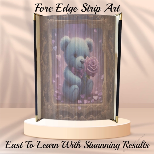 Framed Cute Valentines Blue Teddy With Purple Rose Fore Edge Strip Art Pattern 