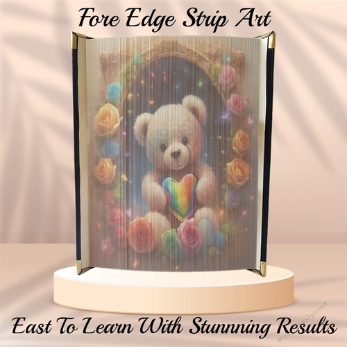 Framed Cute Valentines Teddy With Rainbow Heart & Roses Fore Edge Strip Art Pattern 