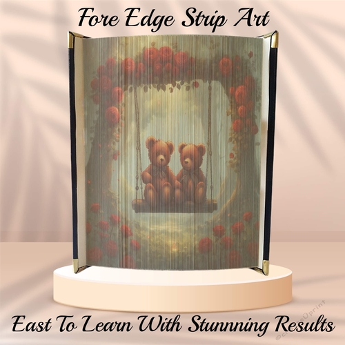 Swing With Two Teddies Surrounded By Red Roses Fore Edge Strip Art Pattern 