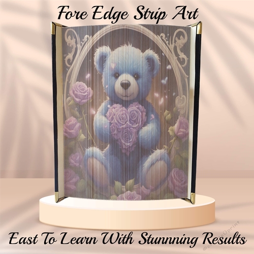 Framed Cute Valentines Blue Teddy With Heart Of Purple Roses Fore Edge Strip Art Pattern 