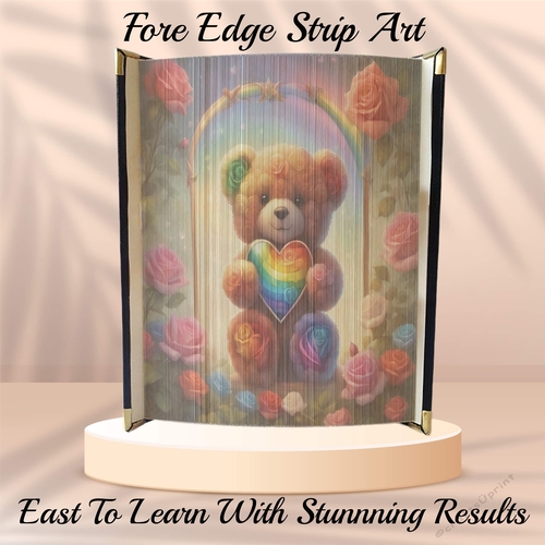 Framed Cute Valentines Rainbow Teddy With Rainbow Heart Fore Edge Strip Art Pattern 