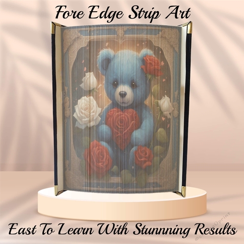 Framed Cute Valentines Blue Teddy With Red Roses Heart Fore Edge Strip Art Pattern 
