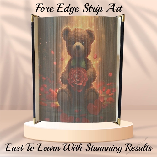 Cute Valentines Brown Teddy With Red Roses Heart Fore Edge Strip Art Pattern 