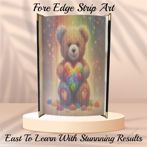 Cute Rainbow Valentines Teddy With Heart Of Rainbow Roses Fore Edge Strip Art Pattern 