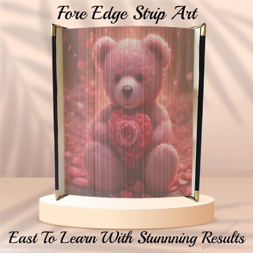 Cute Pink Valentines Teddy With Heart Of Red Roses Fore Edge Strip Art Pattern 