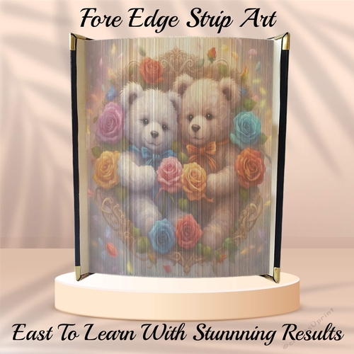 Two Cute Framed Valentines Teddies With Roses Fore Edge Strip Art Pattern 