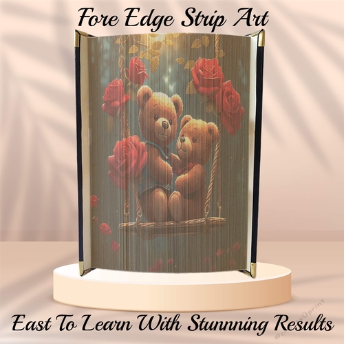 Two Cute Valentines Teddies On Rose Swing Fore Edge Strip Art Pattern 