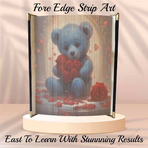 Cute Blue Valentines Teddy Holding Red Roses Fore Edge Strip Art Pattern 