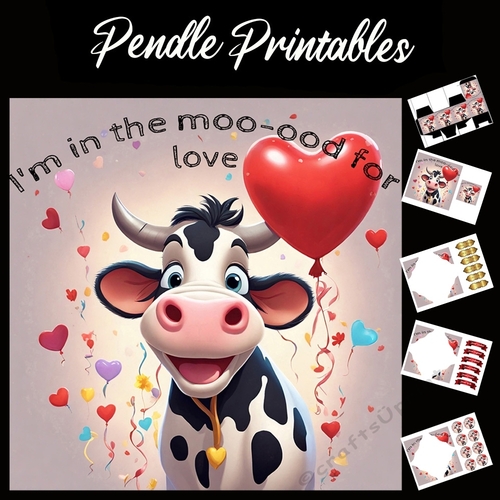 Im In The Moo-ood For Love Valentines Cow Card 7x7 Card Kit. Matching Box, Gift Bauble,Tag