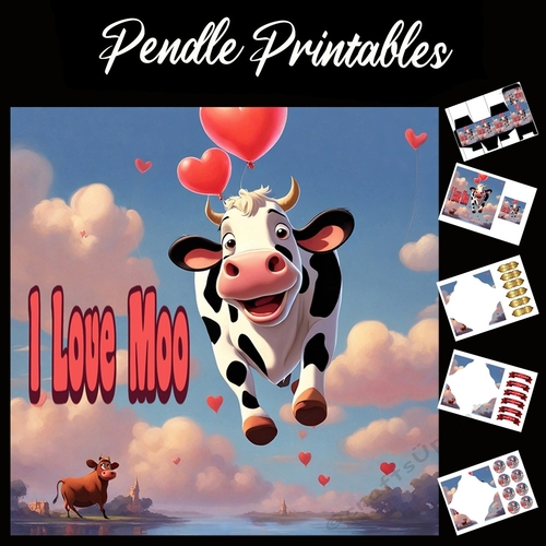 I Love Moo! Cute Valentines Cow Card 7x7 Card Kit. Matching Box, Gift Bauble,Tag