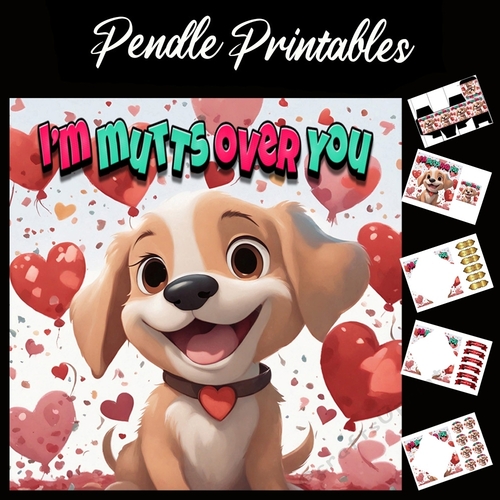 Im Mutts Over You Cute Puppy Valentines Card 7x7 Card Kit. Matching Box, Gift Bauble,Tag